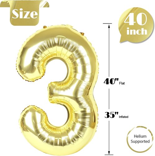 Champagne Gold Number 3 Balloon - 40 Inch Light Gold Birthday Decoration for Kids & Women