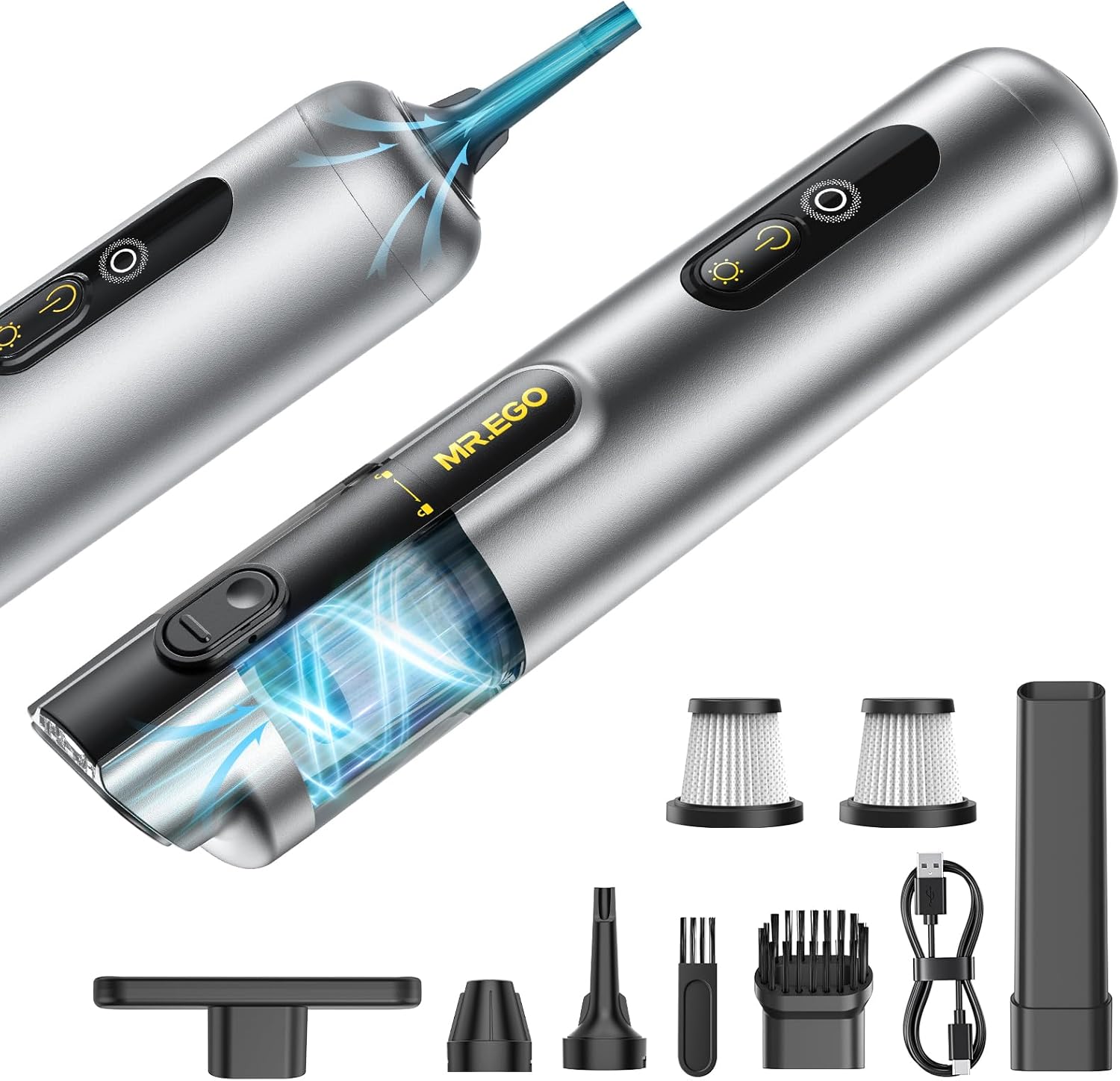 Mr. Ego Handheld Car Vacuum - Portable Cordless 4-in-1 Mini Vacuum with 18500Pa Suction | Silver Finish