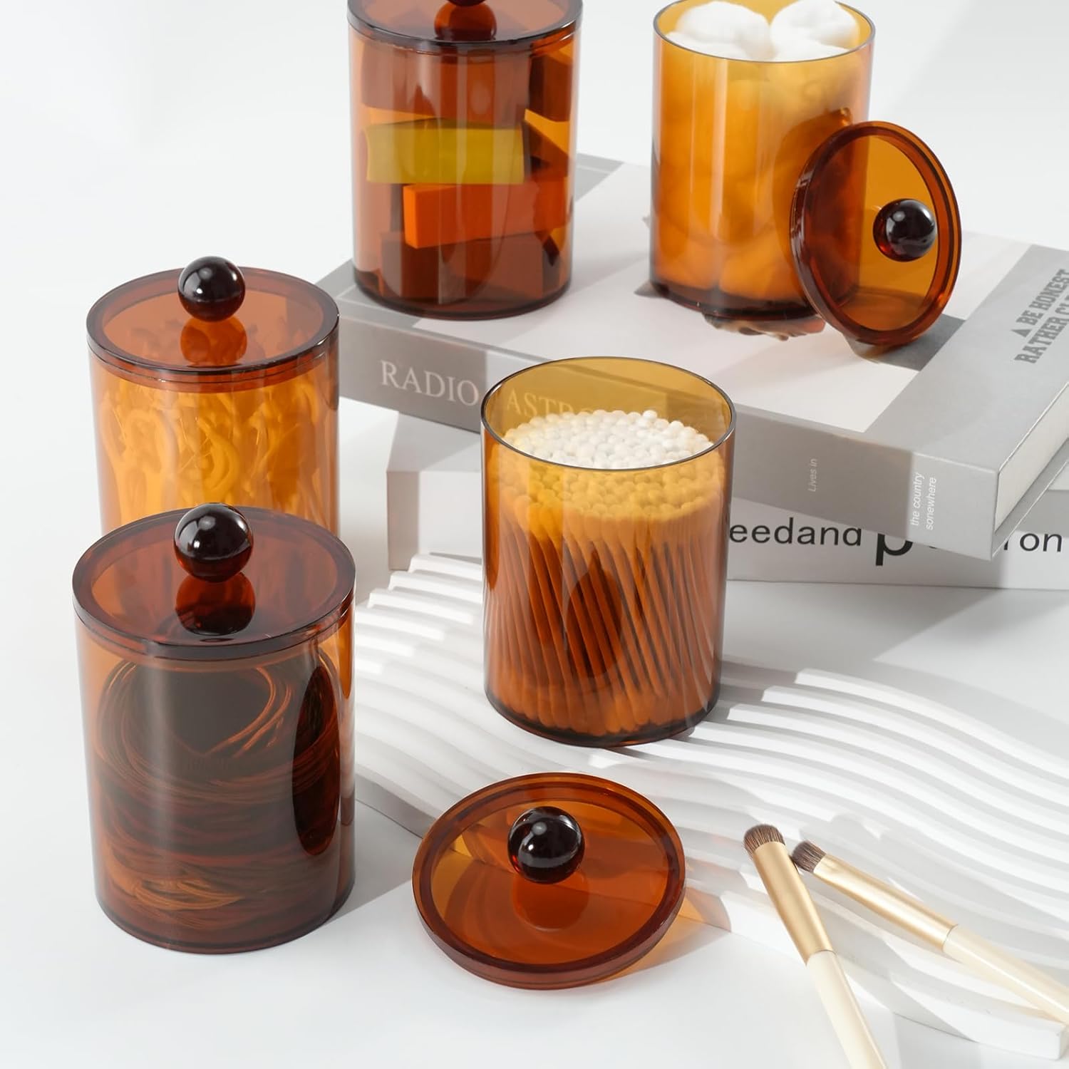 XIPENGKEJI Qtip Holder Set - 4 Pack Apothecary Jars with Lids for Bathroom Organization | 10oz-12oz Brown Canisters