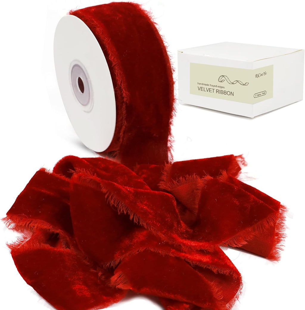 Red Velvet Ribbon - 1.5 Inch Handmade Silk Fabric, 5 Yards for Gift Wrapping, Bouquets & Ornaments