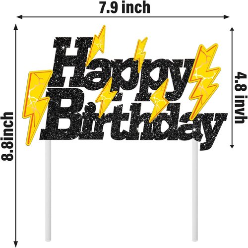 Glitter Black Lightning Bolt Cake Toppers - Happy Birthday Party Decorations for Kids | Weather Theme