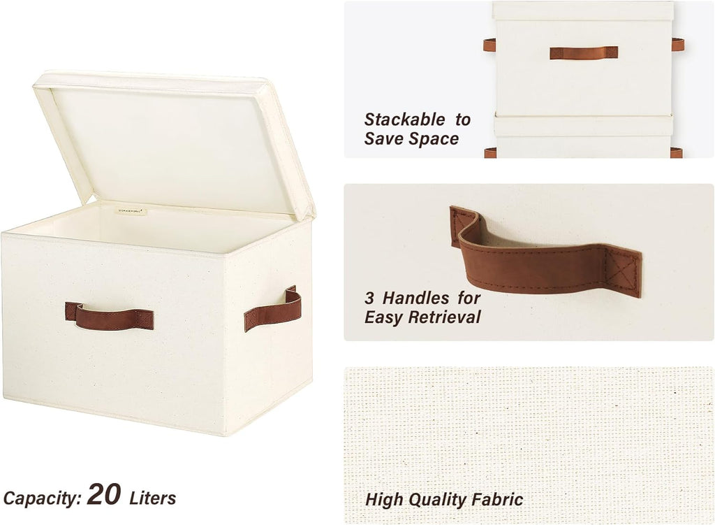 StorageWorks Fabric Storage Bins - Stackable Decorative Boxes with Lids | Large Ivory White, 2-Pack