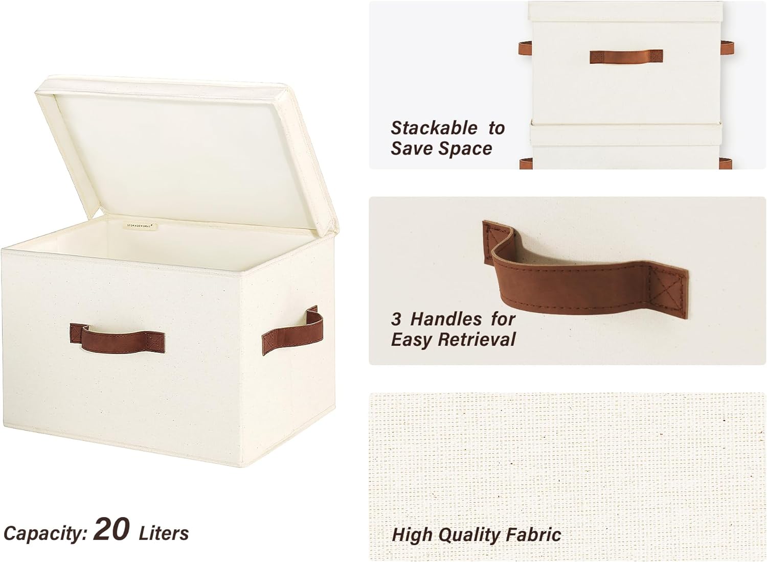 StorageWorks Fabric Storage Bins - Stackable Decorative Boxes with Lids | Large Ivory White, 2-Pack
