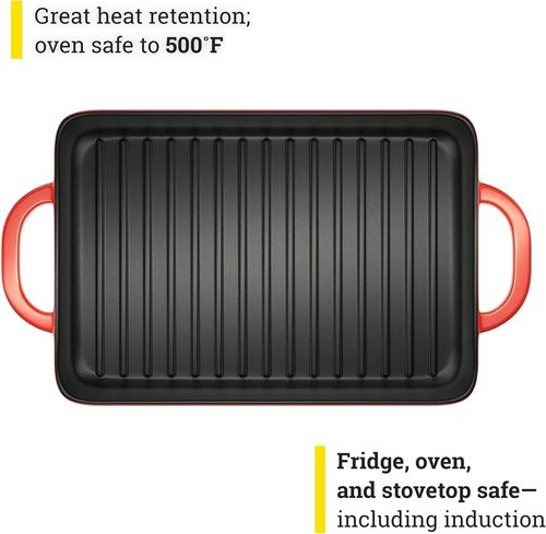 Lodge Enamel Cast Iron Grill Pan - 12.5 x 8 Inch with Dual Assist Handles - Versatile for Oven, Stove, Grill & Campfire - Red