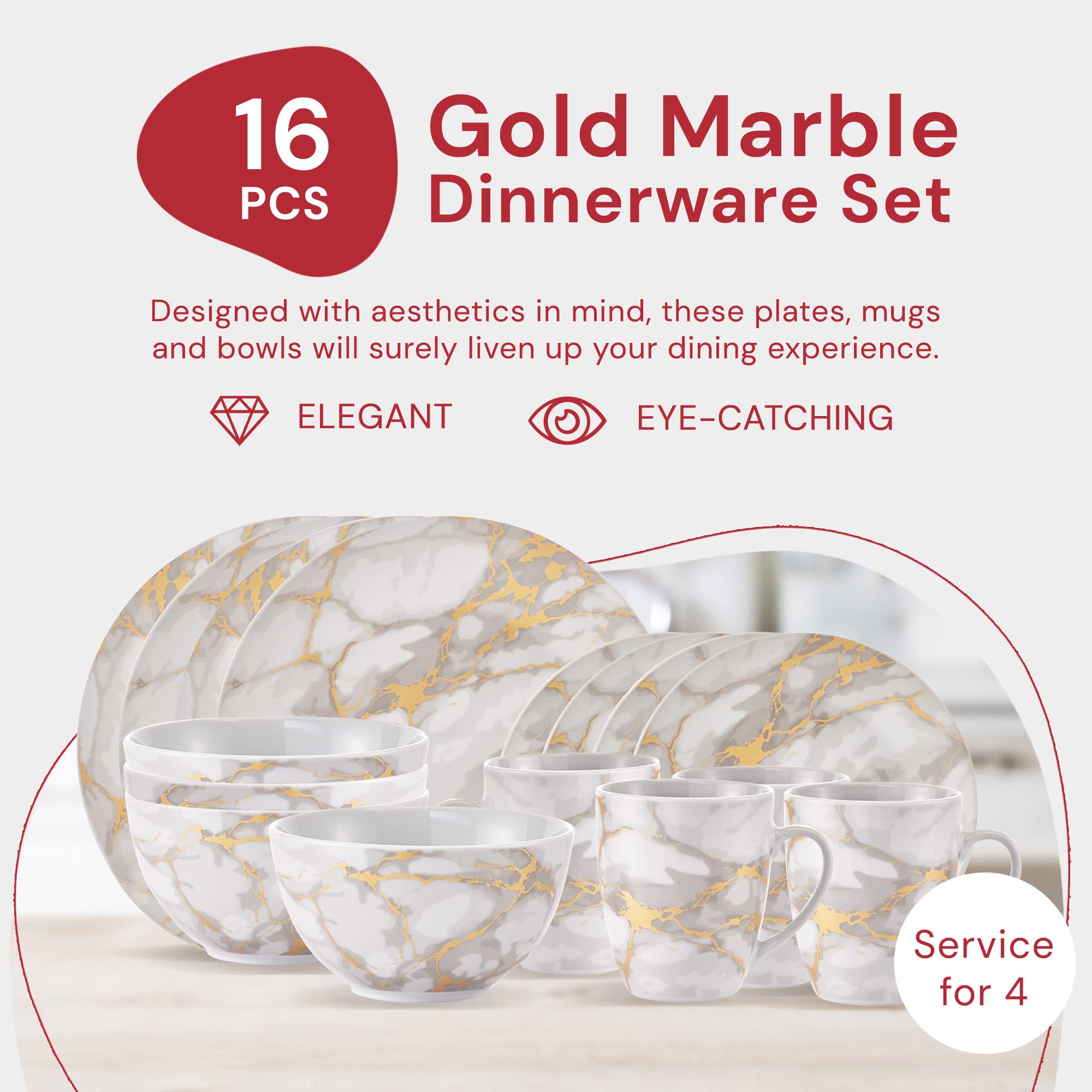 Safdie & Co 16-Piece Modern Premium Porcelain Ceramic Dinner Set, Lightweight Designed, Stackable, in Gold Marble/Gray Finish