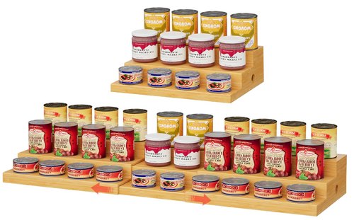 NuoyuanShen Extra-Long Expandable Bamboo Can Rack for Pantry – 3-Tier Adjustable Pantry Can Organizer, Large Capacity Holds up to 45 Cans, Pantry Shelf & Countertop Storage (Patent Pending)