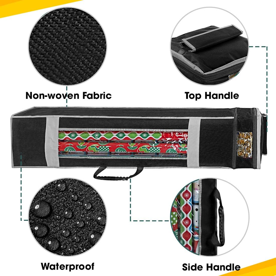 ProPik Holiday Wrapping Paper Storage Organizer Bag - Heavy Duty with Pocket & Clear Window | 47" x 10" x 10" (Black)