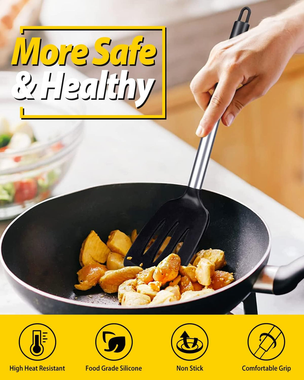 Skiennix Silicone Turner Spatulas - Non-Stick, High Heat Resistant, BPA-Free | Pack of 2 (Black)