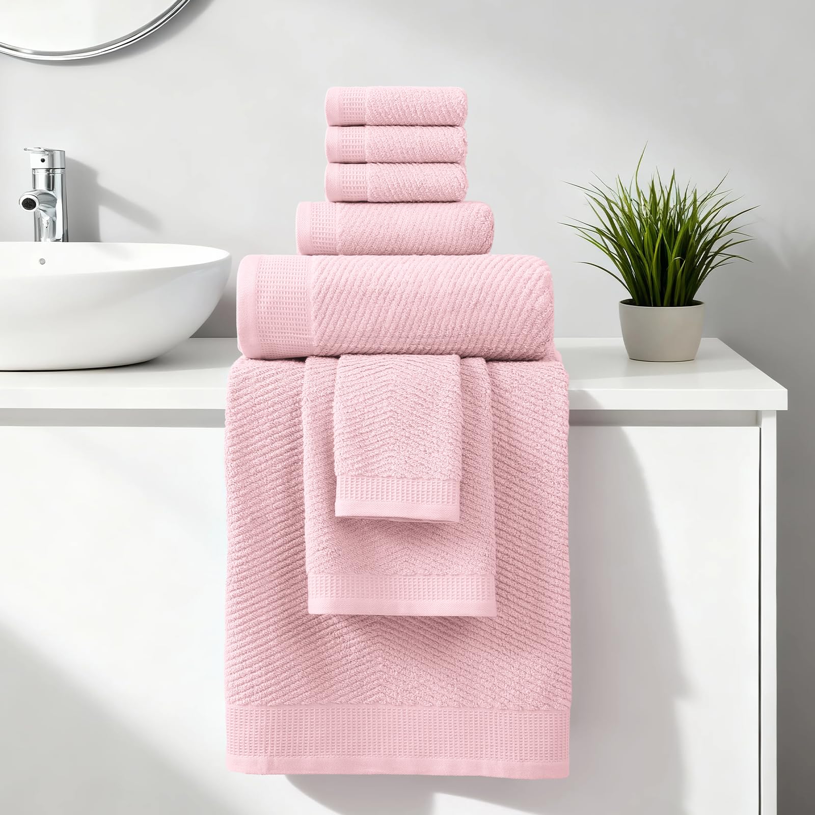 REDKISS Luxury 8-Piece Pink Towel Set, 2 Bath Towels, 2 Hand Towels, 4 Washcloths, 100% Cotton, Quick Dry, Highly Absorbent Towels for Bathroom, Gym, Hotel, Spa