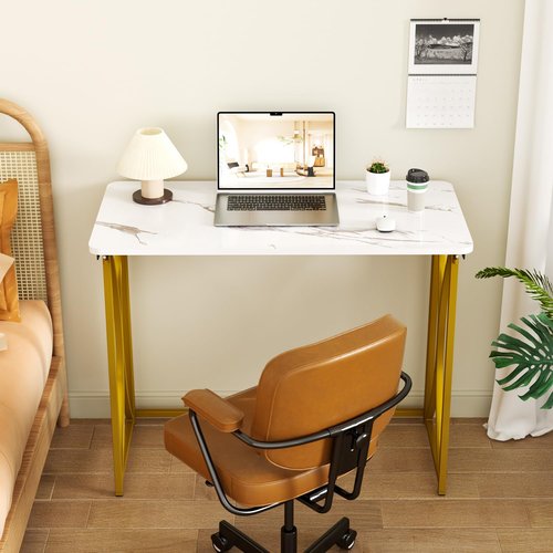 coeztt Folding Desk, 31.5" Small for Bedroom, Space Saving Foldable Computer Desk for Home Office, Easy Assembly, White and Gold