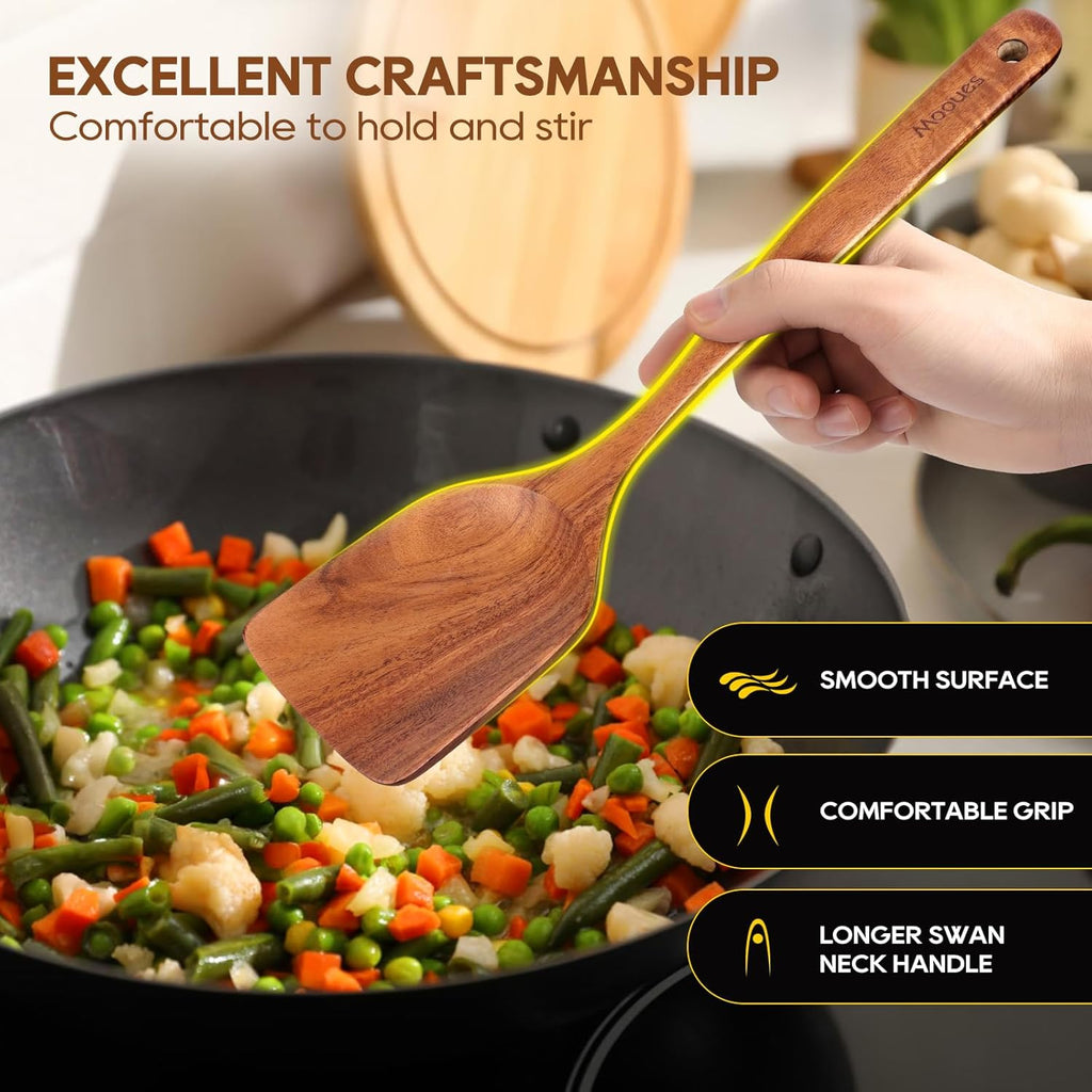Skiennix Wooden Spoons Set - 10PCS Teak Cookware Utensils with Hooks | Smooth Finish & Heat Resistant