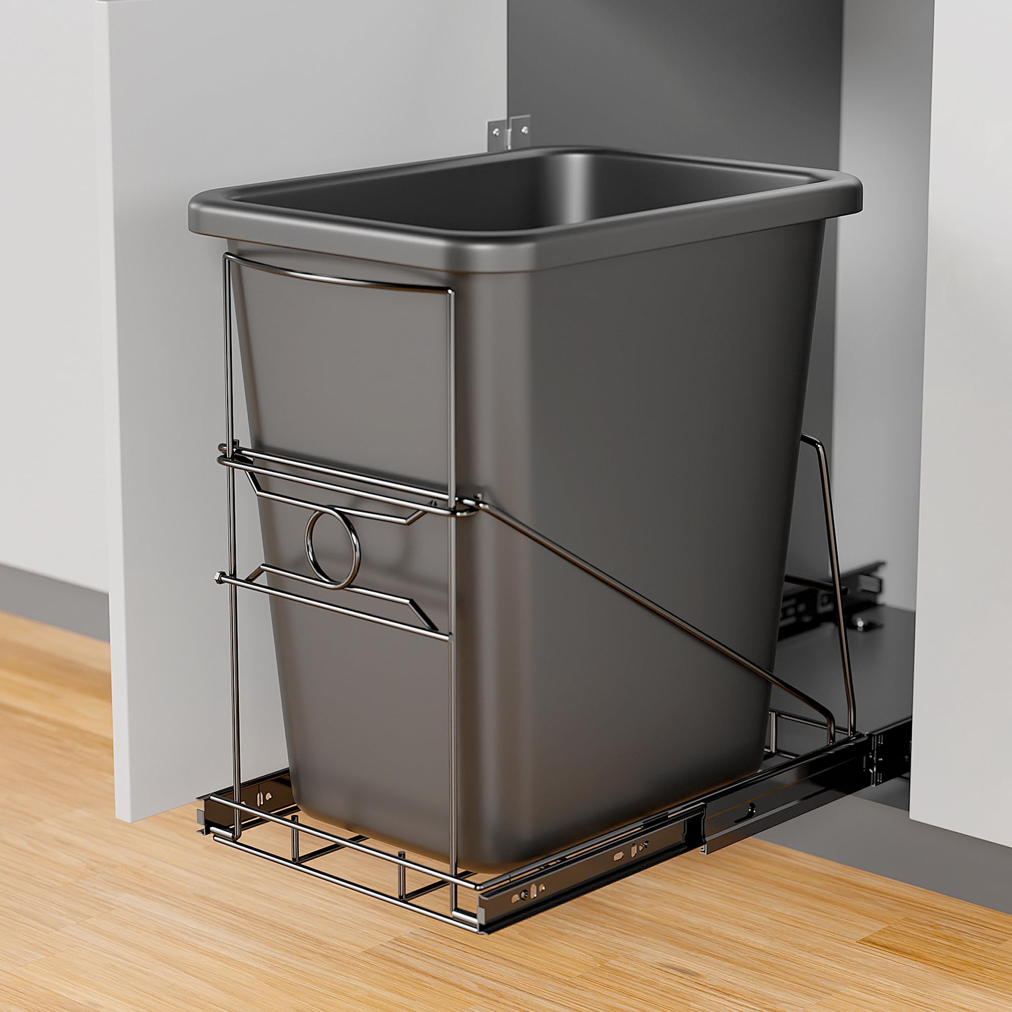 pbugac Pull Out Trash Can Holder, Adjustable Heavy Duty Cabinet Slide Out Kit for 7-11 Gallon Trash Cans, Under Sink Trash Can Rack with Smooth Ball Bearing Slides, Black, Trash Can Not Included