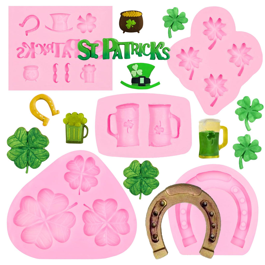 5Pcs St. Patrick's Day Silicone Molds, Shamrock Four-Leaf Clover Fondant Molds, Irish Hat Beard Beer Horseshoe Chocolate Baking Molds for Cake Decoration Cupcake Topper Candy Clay Resin