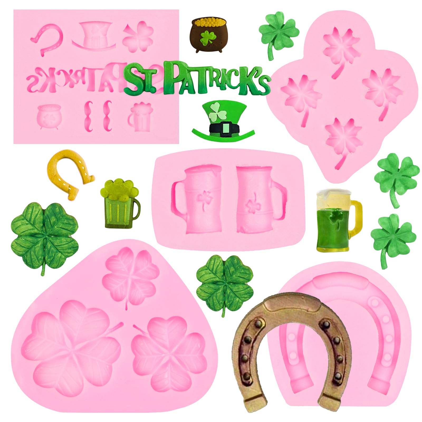 5Pcs St. Patrick's Day Silicone Molds, Shamrock Four-Leaf Clover Fondant Molds, Irish Hat Beard Beer Horseshoe Chocolate Baking Molds for Cake Decoration Cupcake Topper Candy Clay Resin