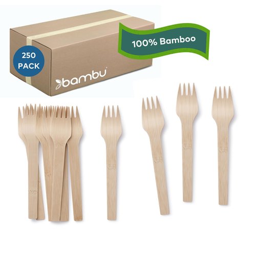 Bambu Pack of 250 - Bamboo Forks Disposable Set, Biodegradable Eco Friendly Products, Bamboo Utensils for Events, Compostable Cutlery - Bulk Case