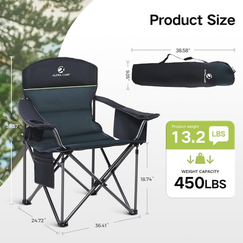 Green Party Folding Camping Chair - Oversized Heavy-Duty Lawn Chair with Cooler Bag & Cup Holder | Collapsible Padded Armchair