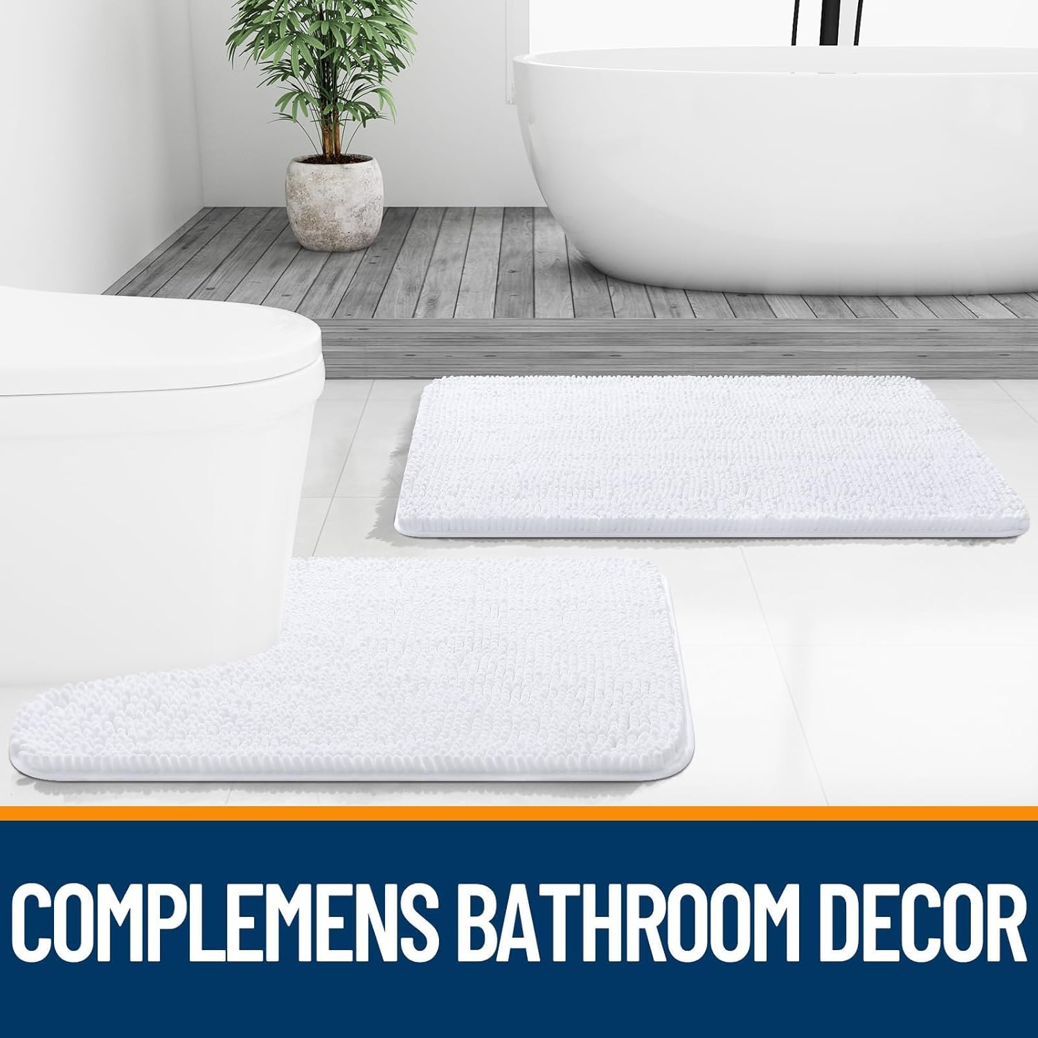 OLANLY U-Shaped Toilet Rugs - Extra Soft, Absorbent Chenille Bath Mat | 24x24, White, Machine Washable