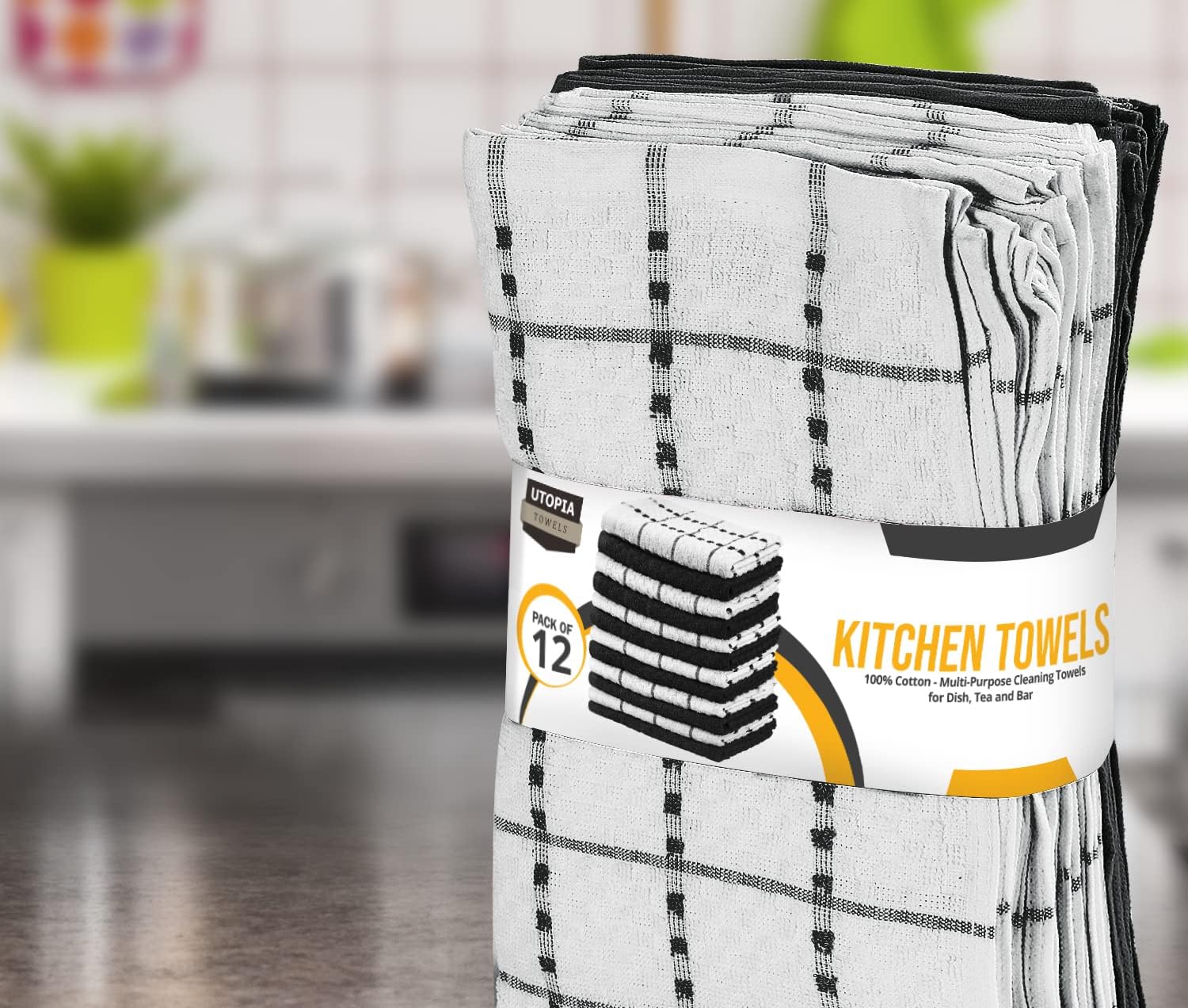 Utopia Towels - Super Soft 100% Cotton Kitchen Towels Set | 12 Pack, 15 x 25 Inches, Black