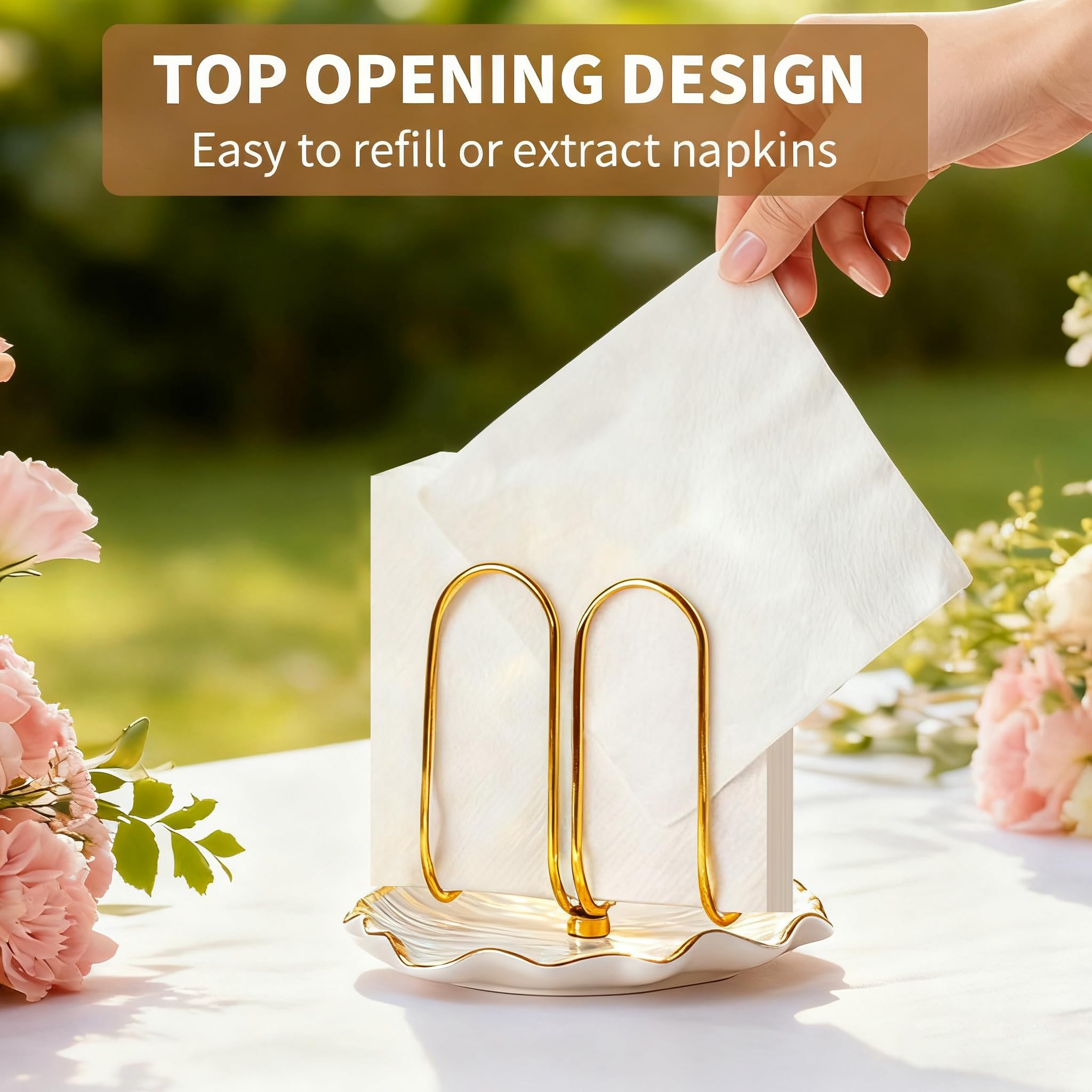 Modern Standing Napkin Holder for Table， Ceramic Gold Napkin Holders for Christmas Paper Napkins， Xmas Cocktail Tissue Dispenser,Servilleteros para Mesas for kitchen, dining, counter tops, outdoors