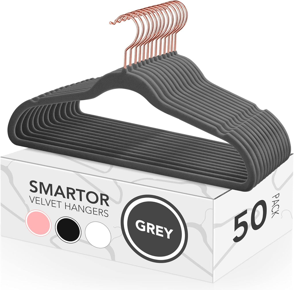 Smartor Grey Velvet Hangers - 50 Pack Non-Slip Heavy Duty Felt Hangers with 360° Rotating Rose Gold Hook | Slim Space-Saving Closet Organizer
