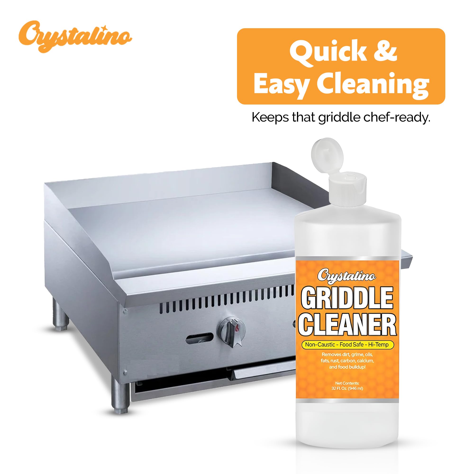 Crystalino Flat Top Grill Cleaner (32 Fl Oz), Removes Grease, Rust, Fats, Carbon, and Calcium, Griddle Cleaning Kit, Use on Stainless Steel as Wolf Blackstone Griddle Cleaner for Flat Top Degreaser