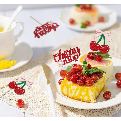 24 Pack She's the Cherry On Top Cupcake Toppers, Glitter Cherry Sweet Cake Pick for Fruits Theme Baby Shower and Bridal Shower Decorations Supplies (Top)