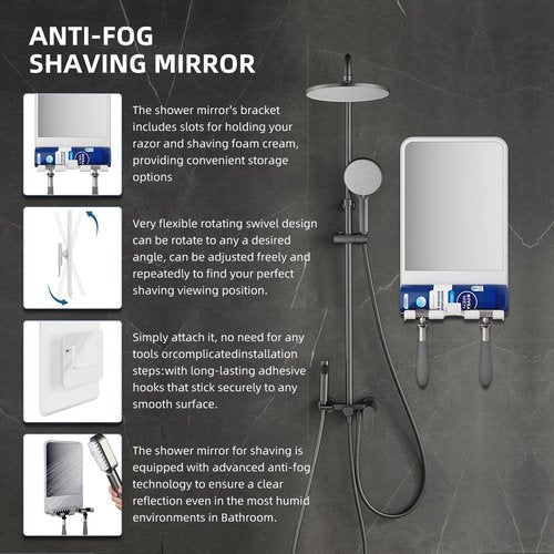 Infitrans Shower Mirror for Shaving Fogless with Multifunctional Storage for Razor and Shaving Foam Canister, Adhesive or Screw Optional Installation,Adjustable Angle, White