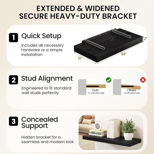 Fun Memories 12-Inch Deep Black Floating Shelf - Rustic Wood Wall Shelf for Storage & Display | 2-Pack