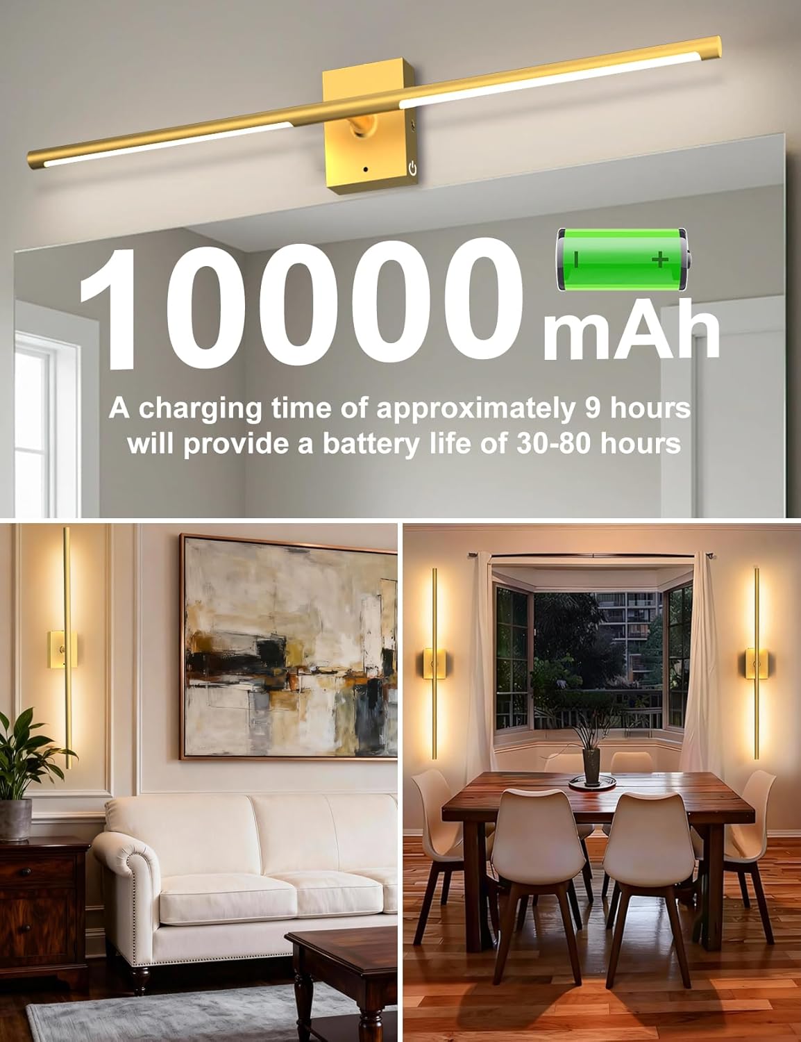 Skiennix Battery Operated Wall Sconces - 10000mAh Rechargeable LED Lights with Remote | 360° Rotation, 3000K-6000K for Bedroom & Living Room Decor