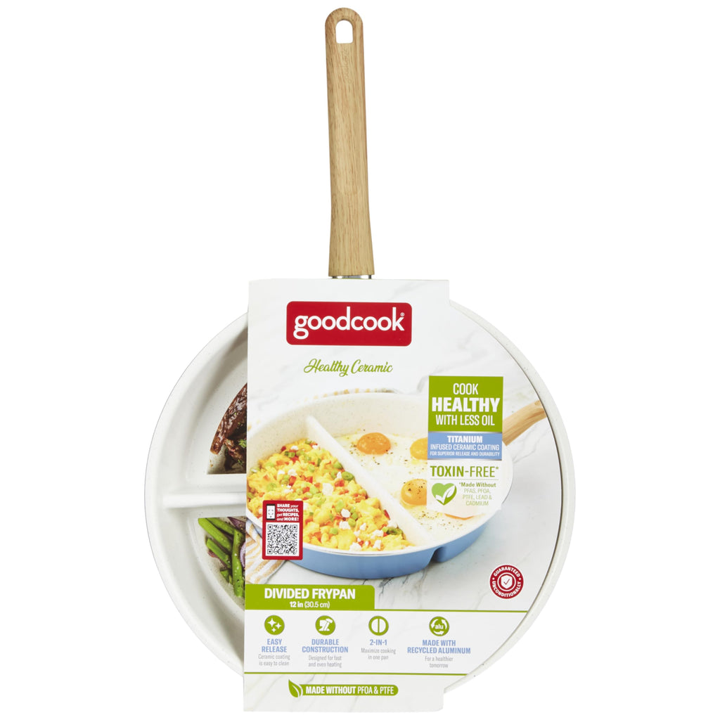 GoodCook Healthy Ceramic Titanium-Infused 12" Divided Skillet, Light Blue – Ceramic Cookware, Nonstick Cooking Pan, Divided Frying Pan Skillet for Eggs, Meats, Vegetables, Sauces, Warming Tortillas