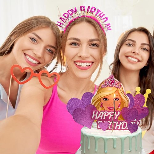 Girl Cake Topper Set Heart Glitter Happy Birthday Toppers Crown Headband for Girl Theme Wedding Birthday Baby Shower Party Decoration Supplies, 12 Pcs