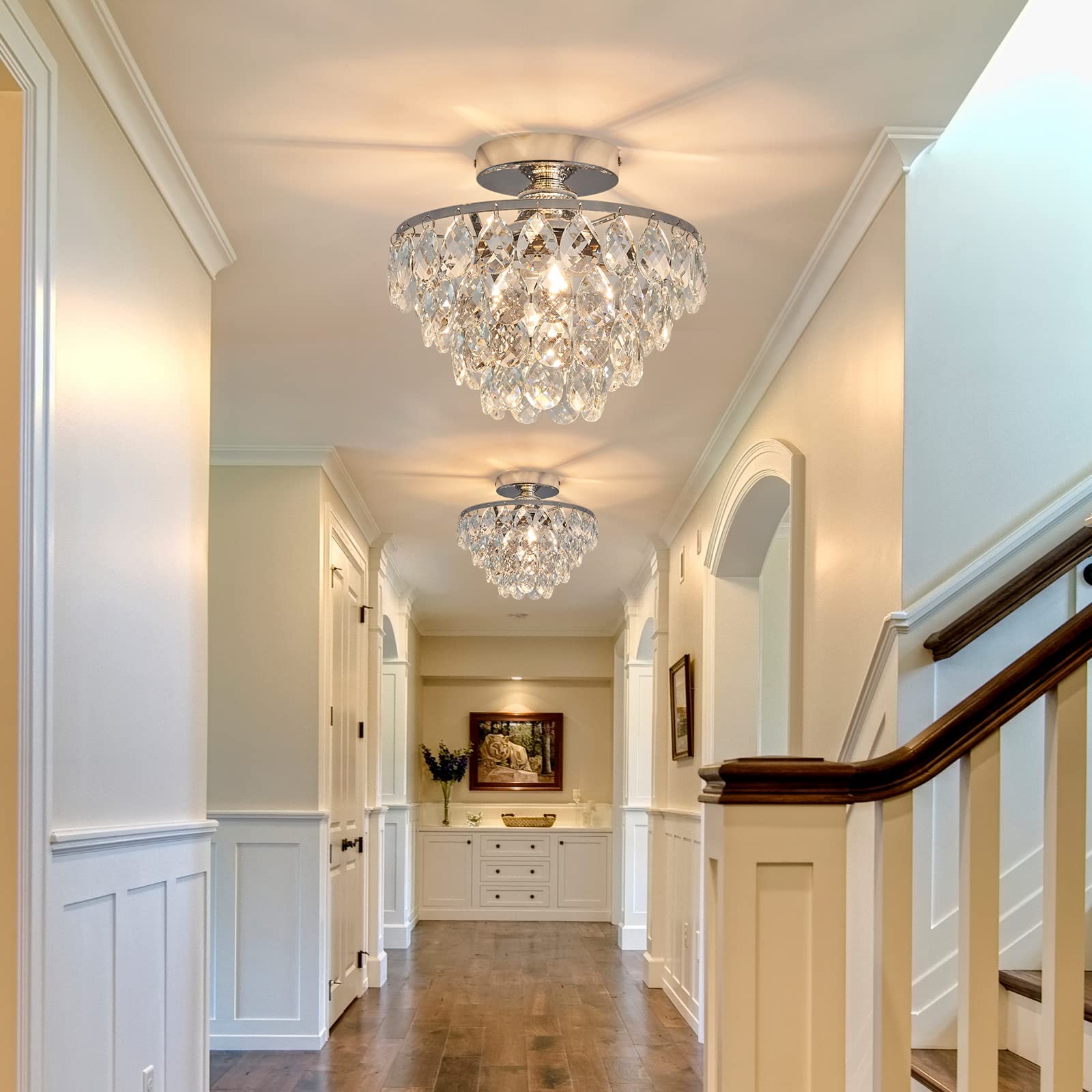 YYJLX Modern E26 Small Crystal Chandelier Semi Flush Mount Ceiling Light Fixture Silver Ceiling Lamp for Hallway Bedroom Bathroom Closet Bedroom Foyer （Chrome）