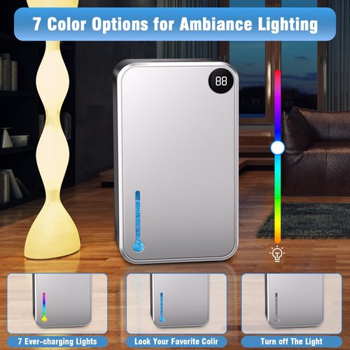 Dehumidifier, Small Dehumidifiers Quiet with Auto Shut Off, Humidity Display Dehumidifier for Bedroom/Bathroom, Timer, Drain Hose, 7-color LED light, Moisture Absorbers (Grey)