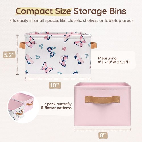Fabric Storage Bins Cute for Nursery 8"x5.2"x10" - Collapsible Butterfly & Pink Kids Baskets with Handles 2 Pack, Hamper Fabric Bin, Toy Toddler Basket, Diaper Storage Bins, Baby Room Decor