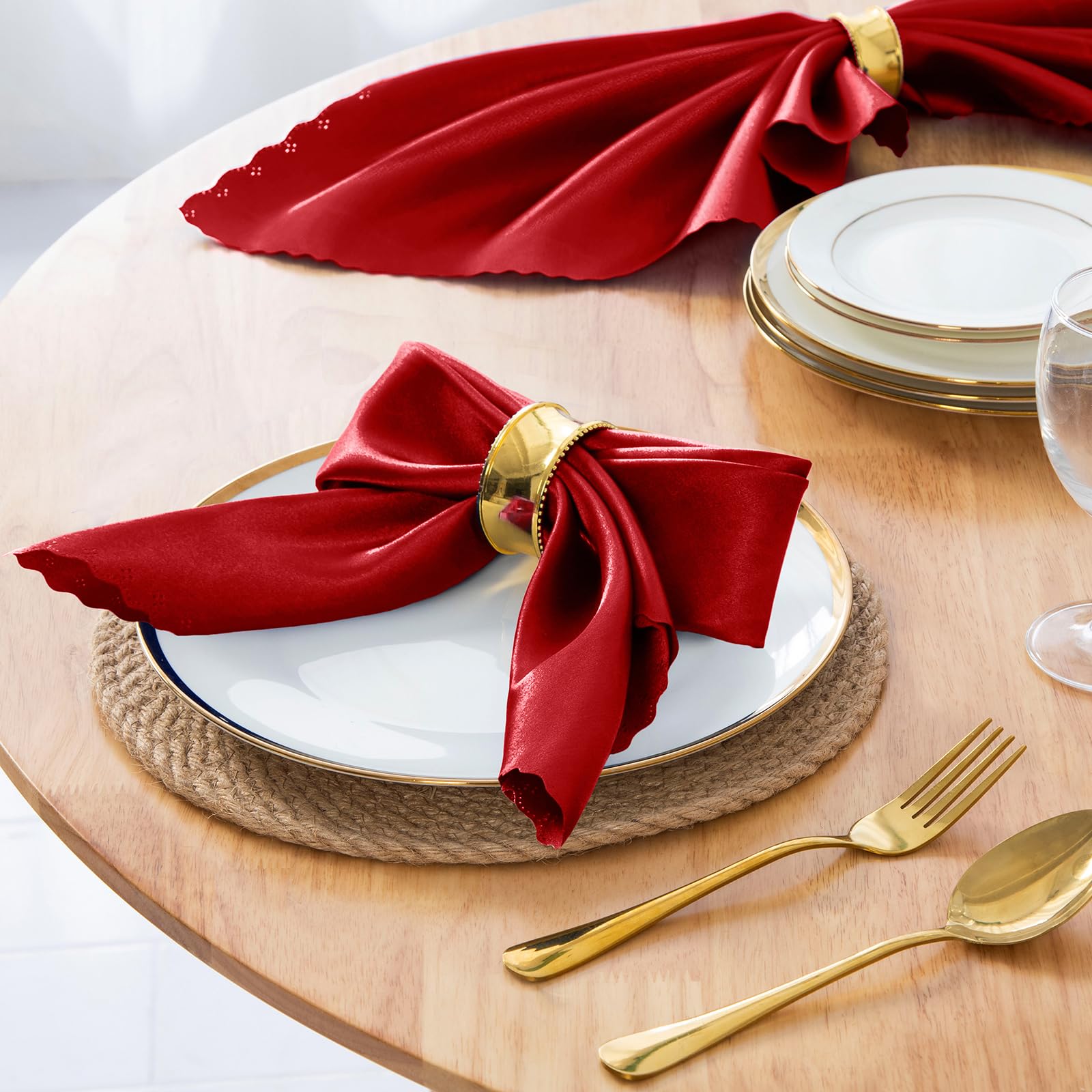 Horbaunal 100 Pack Satin Napkins 17" x 17" Square Dinner Napkins with Elegant Lace, Soft Cloth Napkins for Parties, Weddings, Events, Red