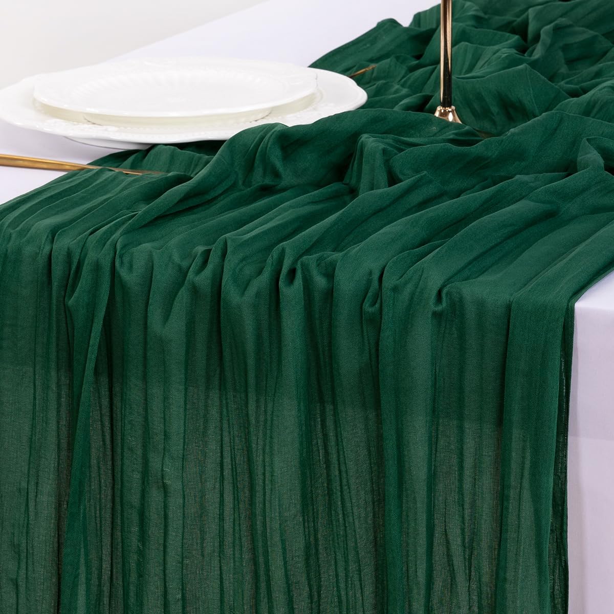 Socomi Emerald Green Cheesecloth Table Runner - 120 Inch Rustic Boho Decor for Weddings & Events