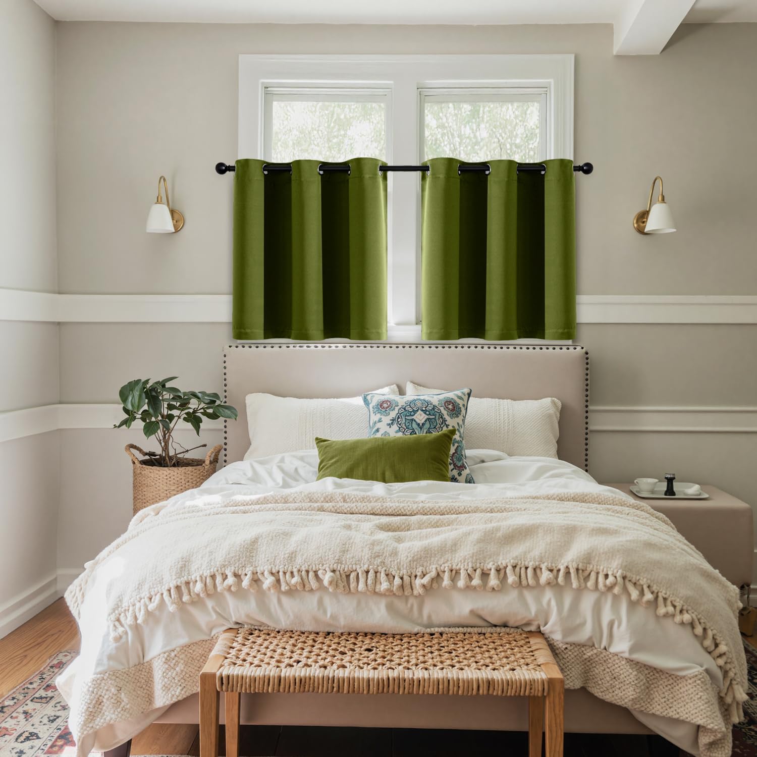 MIULEE Short Curtains - Light Olive Green Blackout Thermal Insulated Drapes | 2 Panels 40"x36" for Kitchen & Bedroom