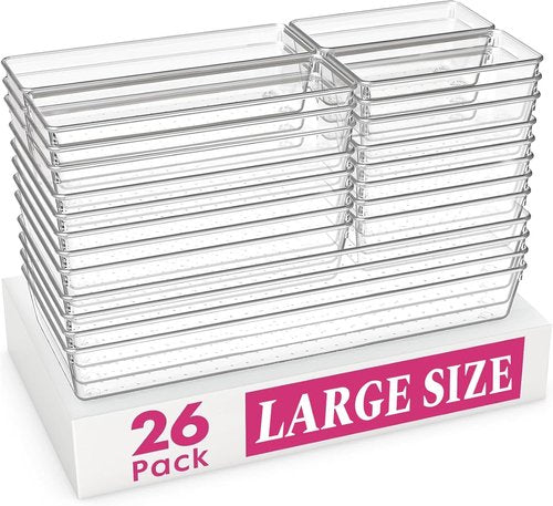 Criusia Large Drawer Organizer Bins - 26 Pack Clear Plastic Kitchen & Bathroom Organizers | Versatile Utensil & Makeup Storage