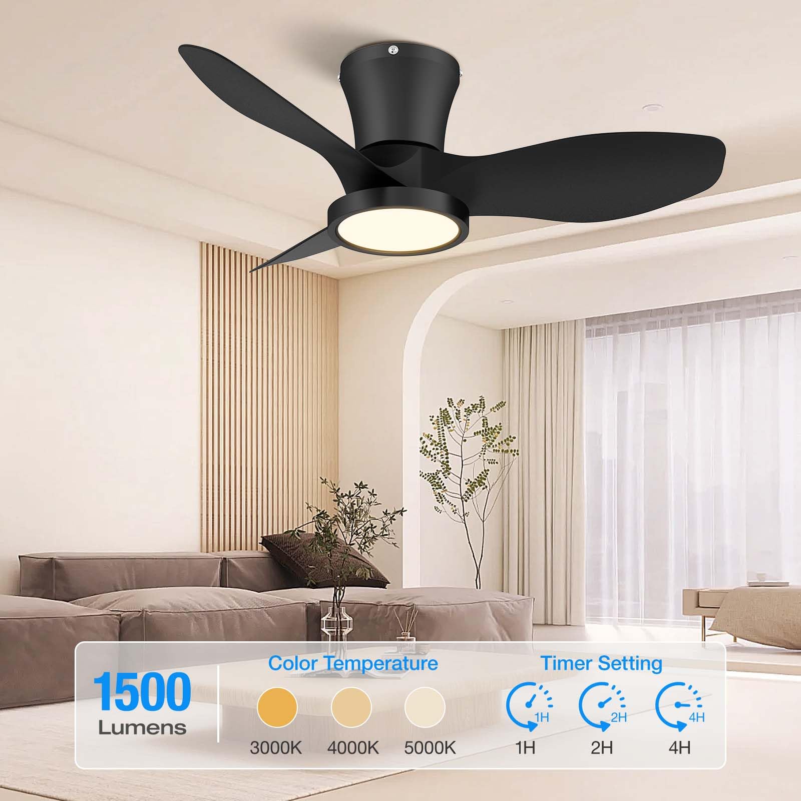 ocioc Quiet Ceiling Fan with LED Light DC Motor 32 inch Large Air Volume Remote Control Black