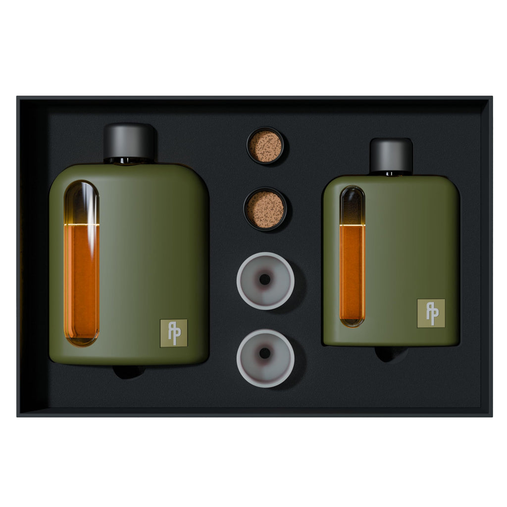 Ragproper Modern Glass Hip Flask for Men | Cork & Silicone Lid Liners | Firm Grip | Curved Edges | Durable Silicone Covered Flask for Whiskey | Liquor | Sprits | 100ml Single+ 240ml Double | Green