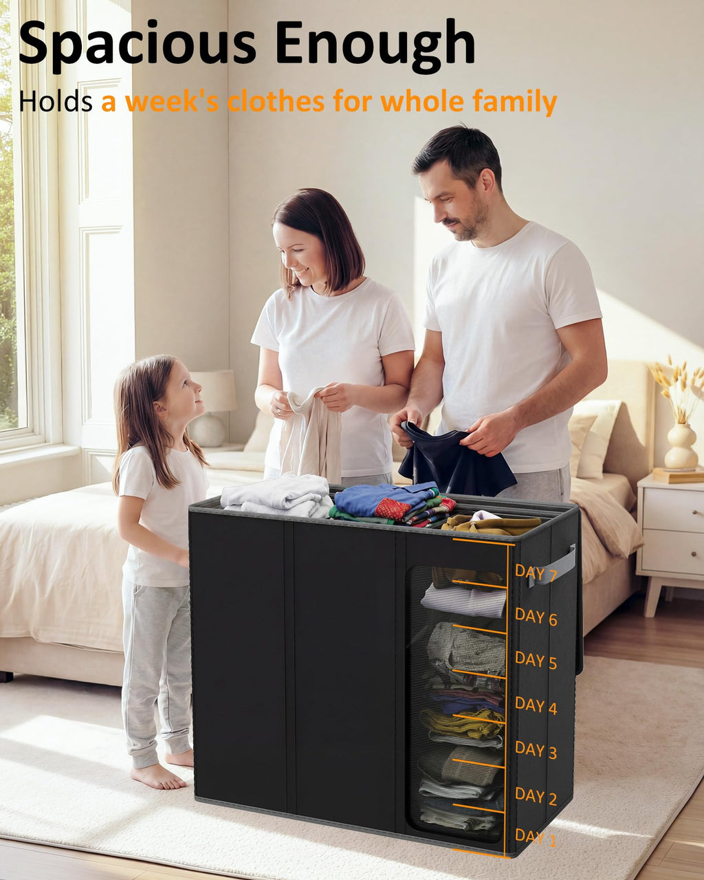 Optish 180L Laundry Hamper 3 Section, Large Laundry Hamper with Lid, Dirty Clothes Hampers with Handles, Laundry Basket Organizer for Laundry, Bedroom, Bathroom, Laundry Sorter Baskets, Black