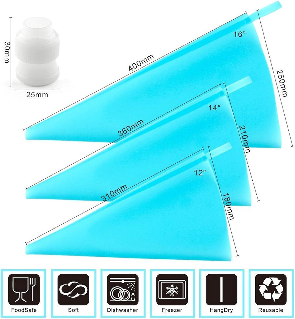 Weetiee Silicone Pastry Bags - Reusable Icing Piping Bags for Cake Decorating | 3 Sizes (12’’+14’’+16’’) - 6 Pack with Bonus Couplers