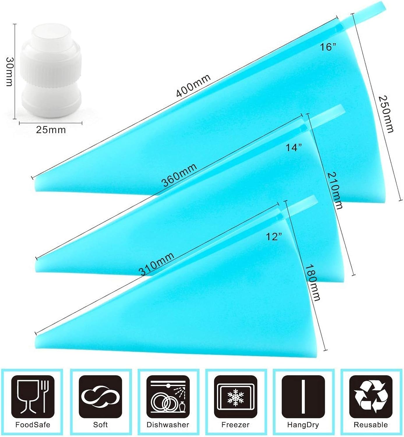 Weetiee Silicone Pastry Bags - Reusable Icing Piping Bags for Cake Decorating | 3 Sizes (12’’+14’’+16’’) - 6 Pack with Bonus Couplers