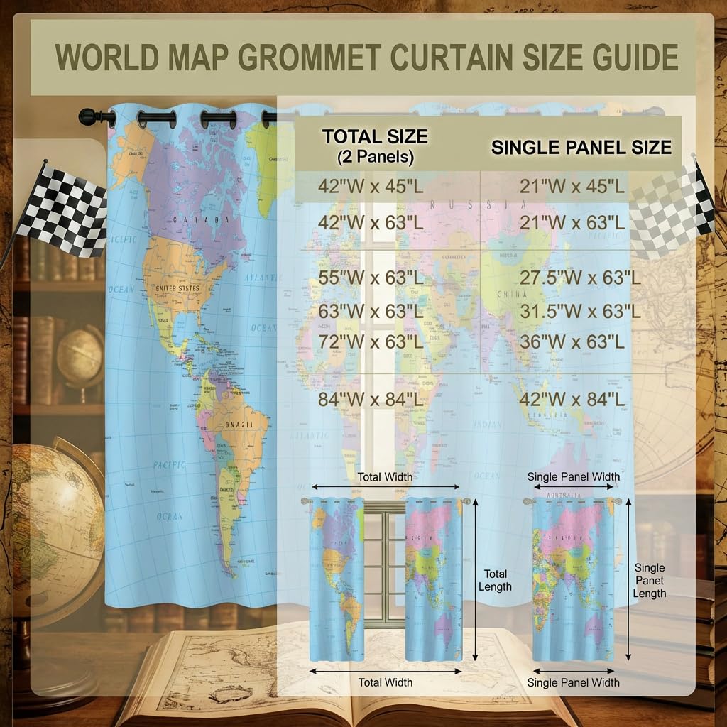 terxgrl World Map Blackout Curtains for Girls Boy Home Decor, Geography Educational Tourist Map Grommet Thermal Insulated Drapes Darkening Window Curtain for Bedroom Living Room, 42 x 45 Inch