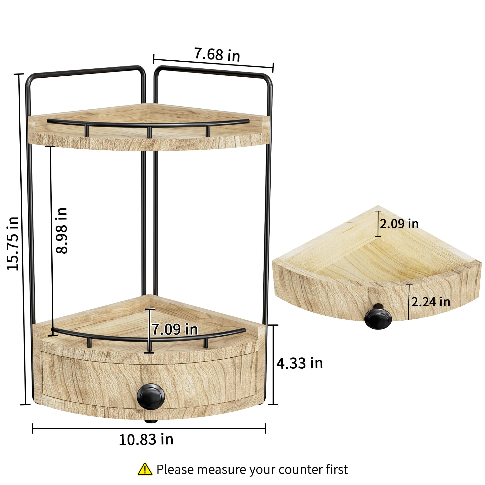 2-Tier Corner Bathroom Counter Organizer with Drawer & Embedded Screw Holes - Wooden Countertop Organizers for Skincare, Makeup Storage, Bathroom Sink Counter Shelf for Vanity, Kitchen, Wood color