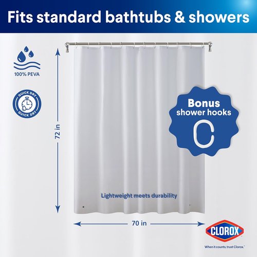 Clorox Shower Curtain Liner - Premium Waterproof 4g PEVA with Weighted Magnets | Standard Size 70" x 72" - Frosty
