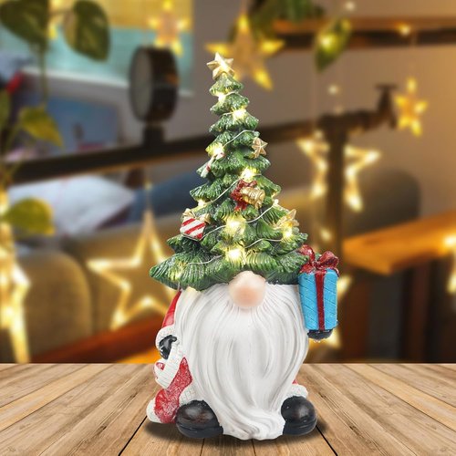 Lighted Christmas Tree Gnome Decoration - 11-Inch Resin Figurine for Festive Indoor Holiday Decor