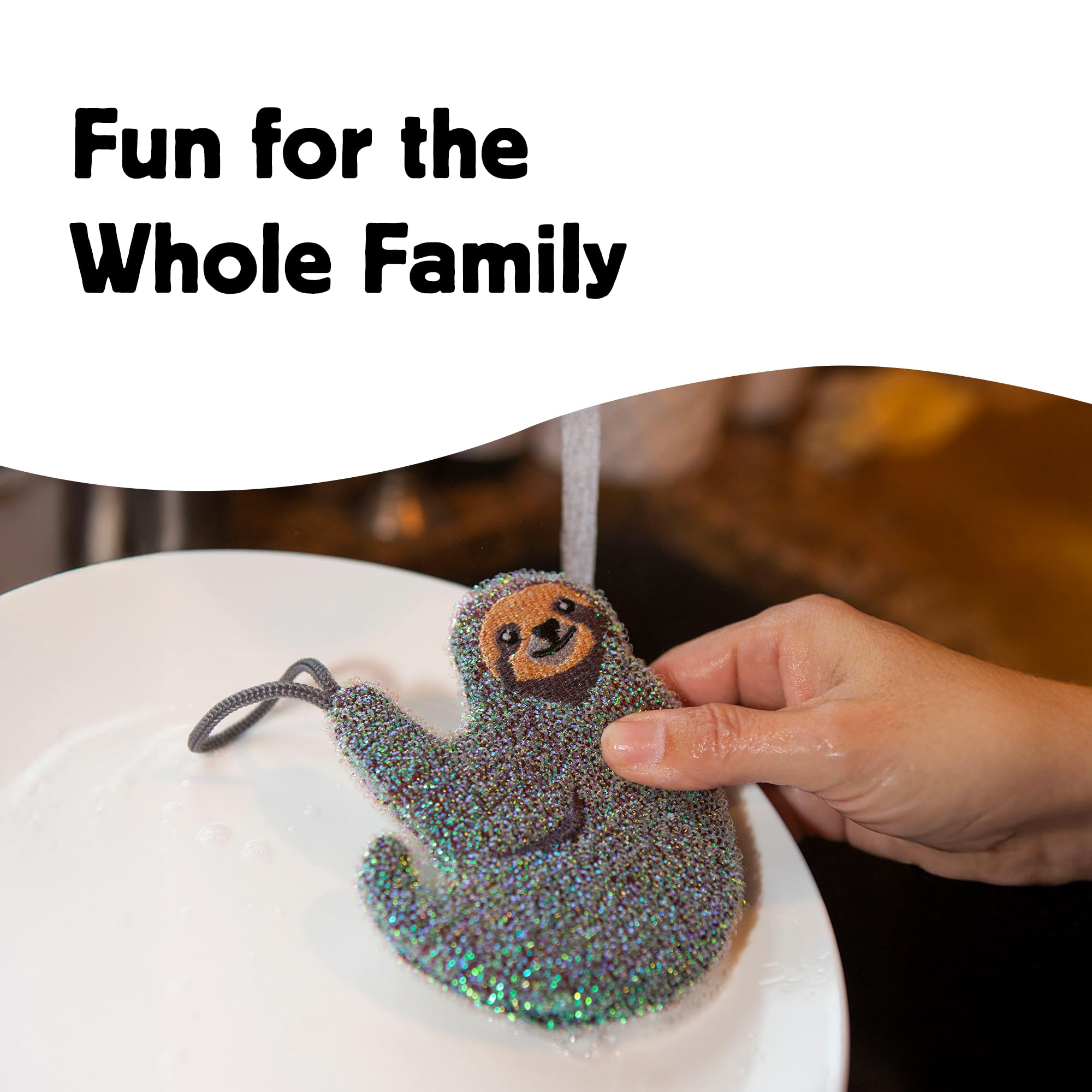 Kikkerland Reusable Sloth Scrub Sponge – Cleaning Supplies for Kitchen, Home Essentials – Fun Gifts for Kids & Adults – Set of 3