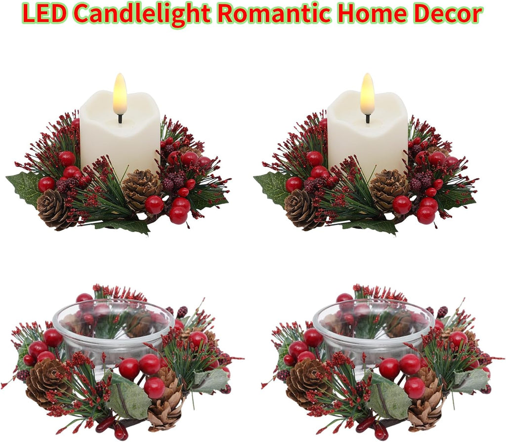 Regine Switzerland Candle Rings Set of 4 - Festive Wreaths with Red Berries & Pinecones for Holiday Decor