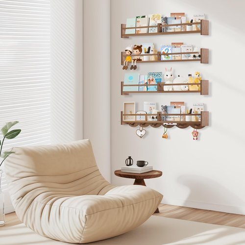 Dixryaus 34Inch Nursery Book Shelves Wall Mounted, Floating Book Shelf for Kids Coat Rack with 6 Hooks, Wall Hanging Shelf for Baby Nursery Room Organizer ，Patent Number:US-D1058229-S(4, Light Brown)